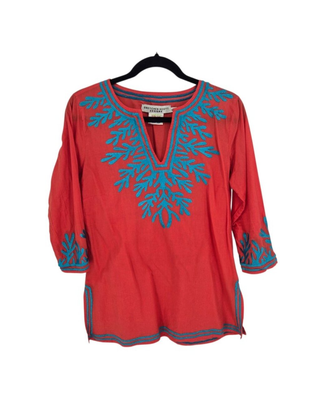 Gretchen Scott Designs size small cotton reef embroidered tunic coral turquoise